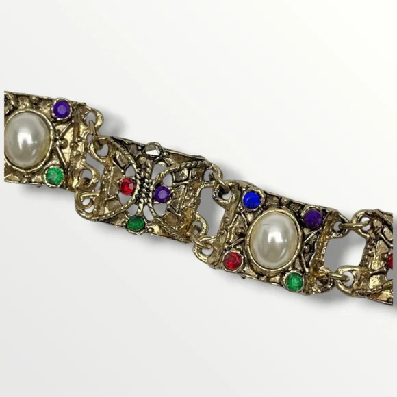 Vintage 90's TACOA Gold Panel Bracelet with Multicolor Crystal and Pearl Accents - Picture 3 of 6